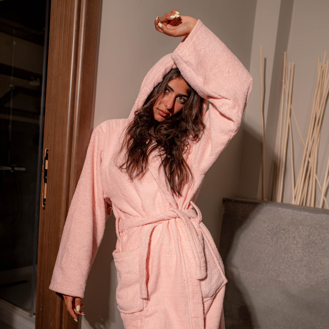 Red cotton bathrobe lifestyle shot