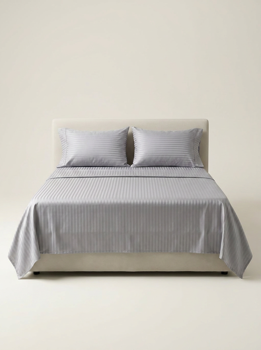 STRIPE-COLOR Gray | Gray striped satin set studio front