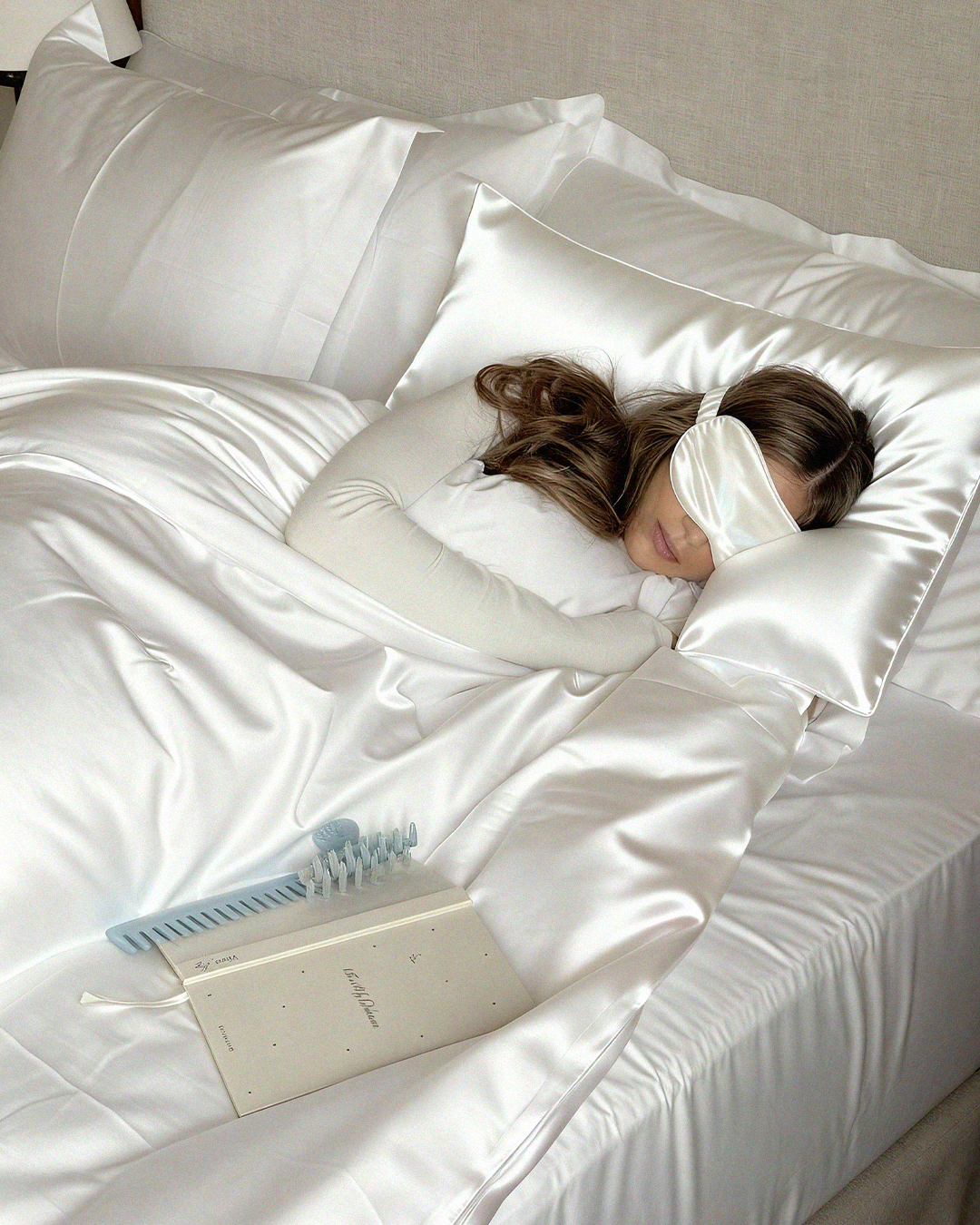 White satin pillowcase on bed lifestyle