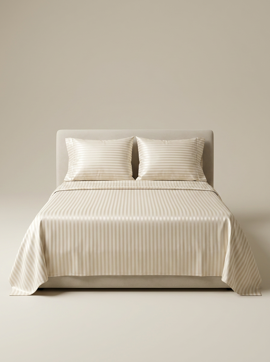 STRIPE-COLOR Beige | Beige striped satin set studio front