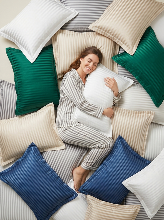 STRIPE-THUMB | Striped satin/cotton sets in all colors — sleepwear hero