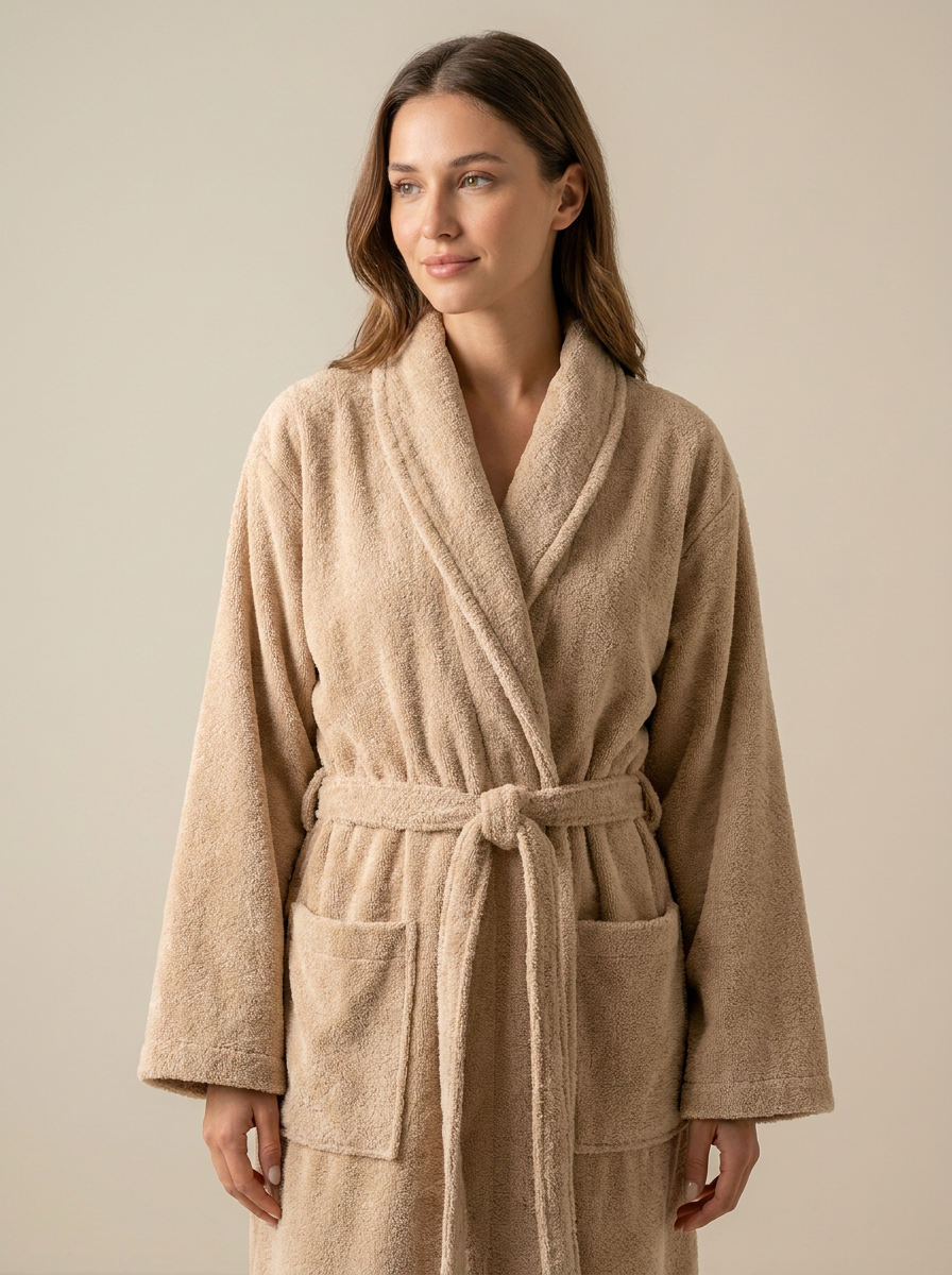 ROBE-COLOR Beige | Beige cotton bathrobe studio front
