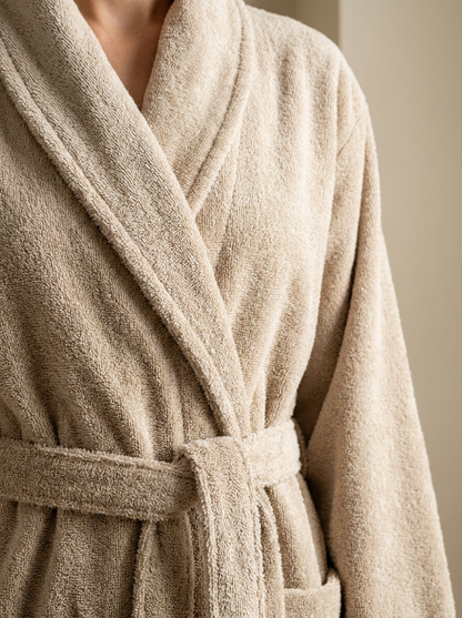 Beige cotton bathrobe fabric close-up