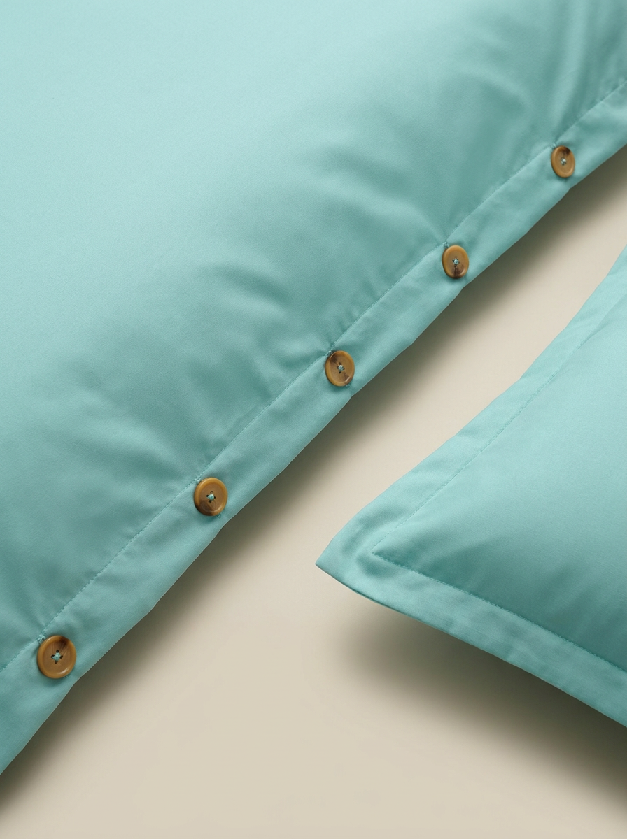 Aqua duvet cover button closure close-up