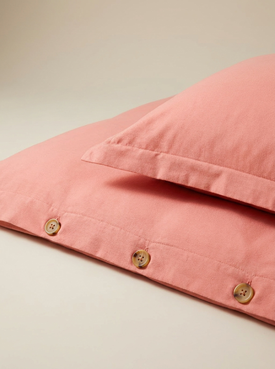 Salmon duvet cover button closure close-up