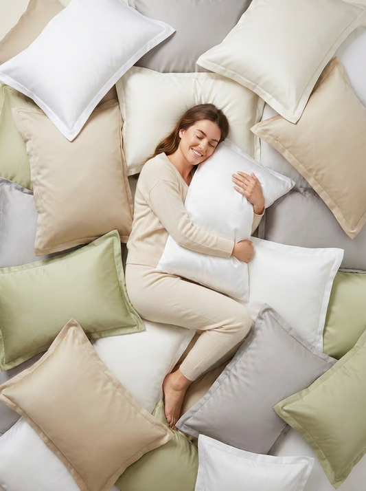 BedCheats percale collection — model with flanged pillowcases