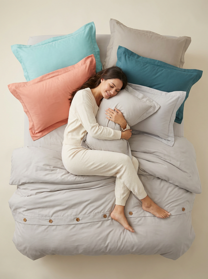 BedCheats microfiber duvet collection — model with flanged pillowcases