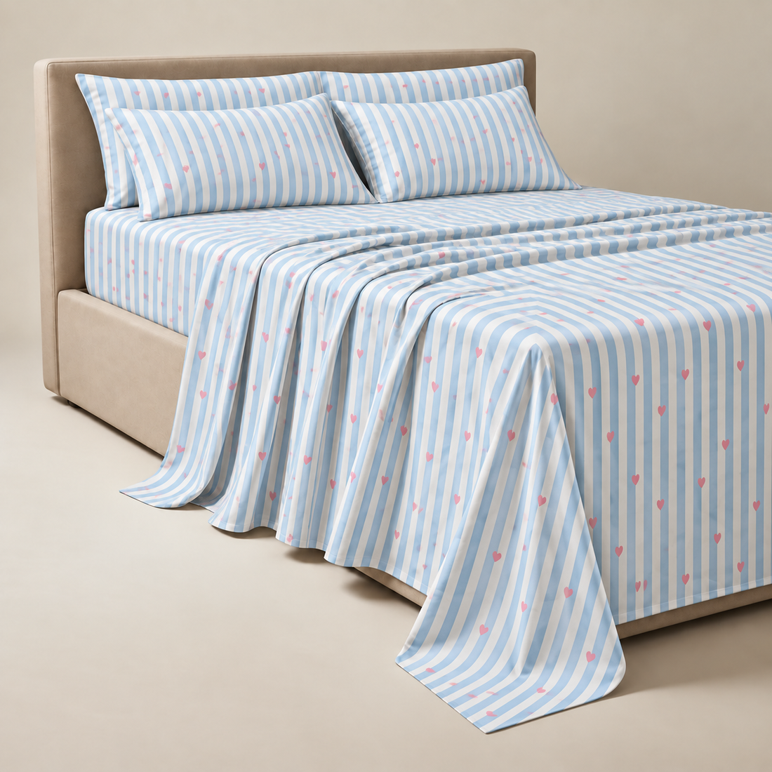 Blue Stripe Hearts Cotton Bedding Set — Fresh Stripes, Sweet Details