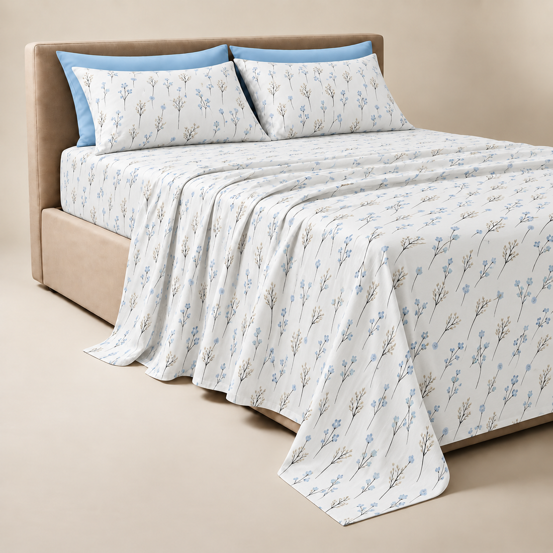 Blue Meadow Cotton Bedding Set — Delicate Blooms, Calm Comfort