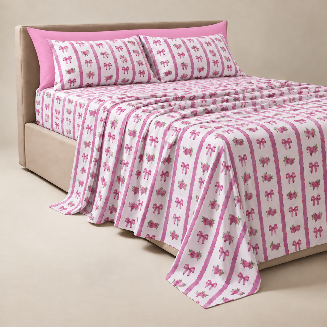 Pink Ribbons & Roses Cotton Bedding Set — Romantic Details, Sweet Comfort