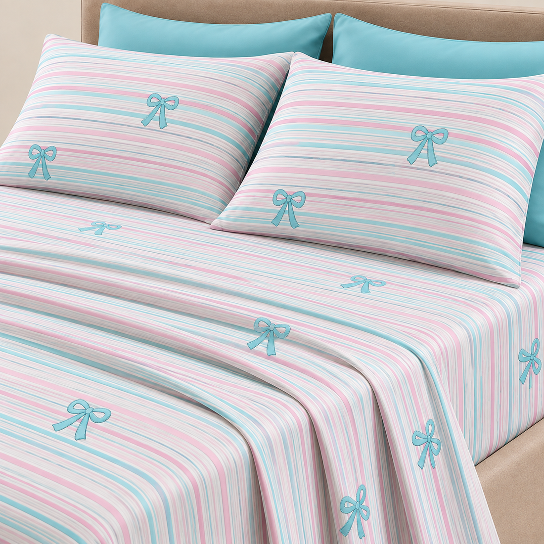 Pastel Bow Stripes Cotton Bedsheet Set — Sweet Stripes, Playful Charm