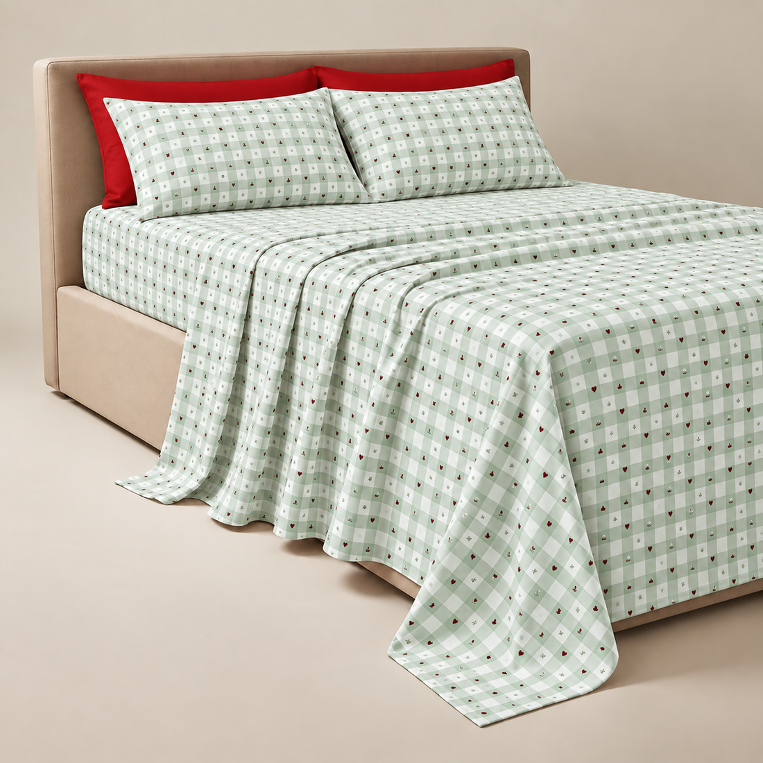 Sage Gingham Hearts Cotton Bedding Set — Country Charm, Cozy Comfort