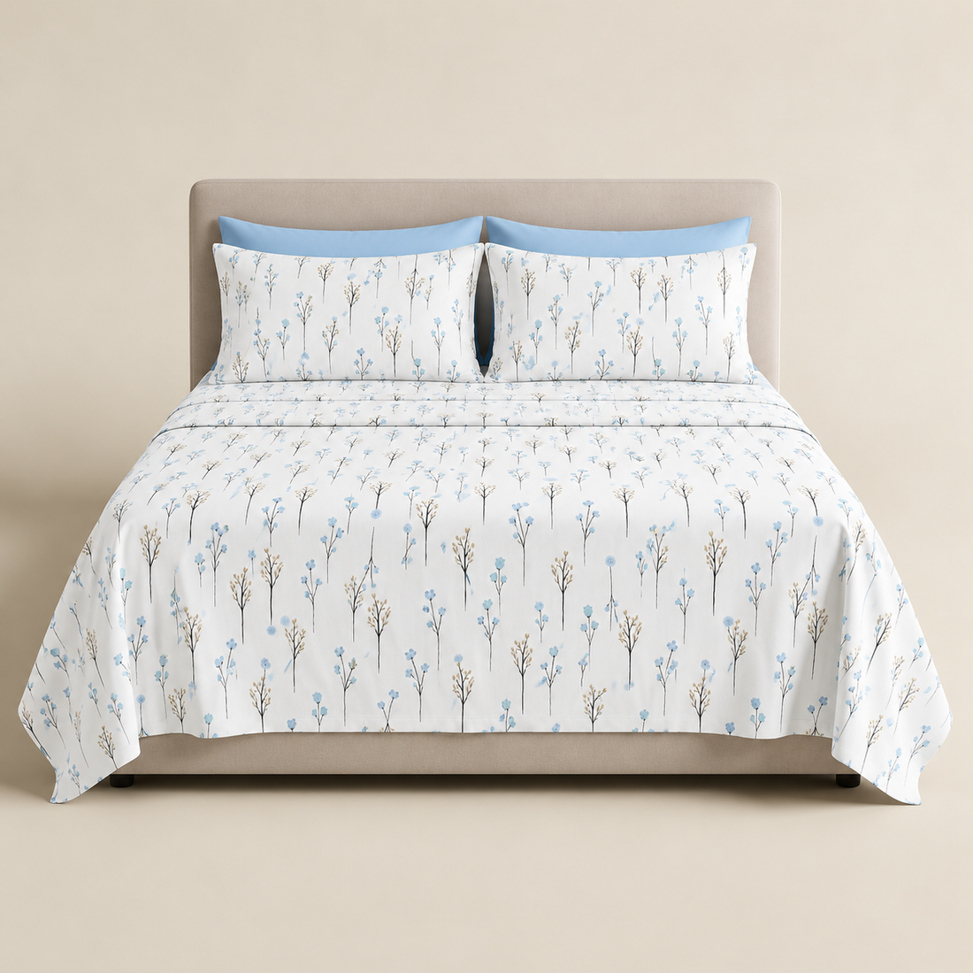 Blue Meadow Cotton Bedding Set — Delicate Blooms, Calm Comfort