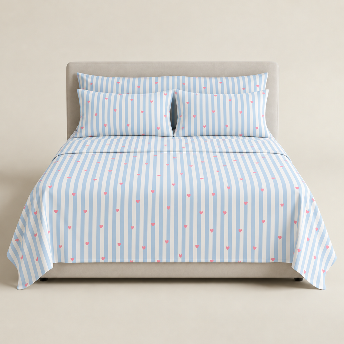 Blue Stripe Hearts Cotton Bedding Set — Fresh Stripes, Sweet Details