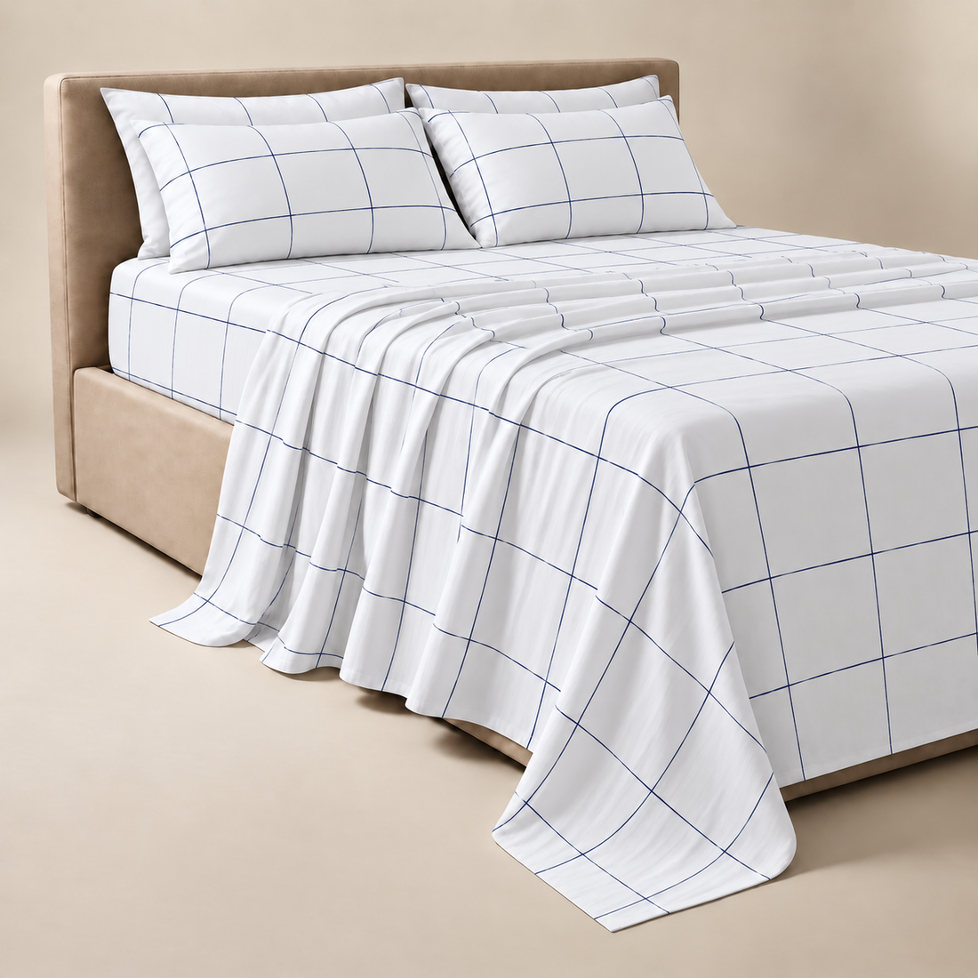 Navy Grid Cotton Bedding Set — Clean Lines, Modern Comfort