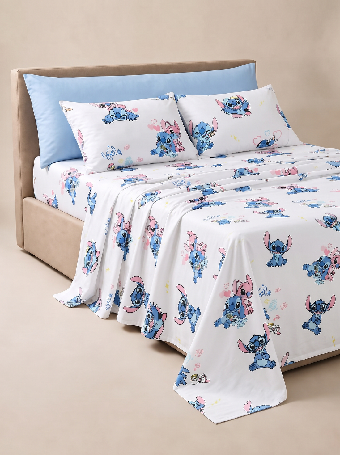 Blue & Pink stitch Cotton Bedding Set — Playful Prints, Cozy Nights