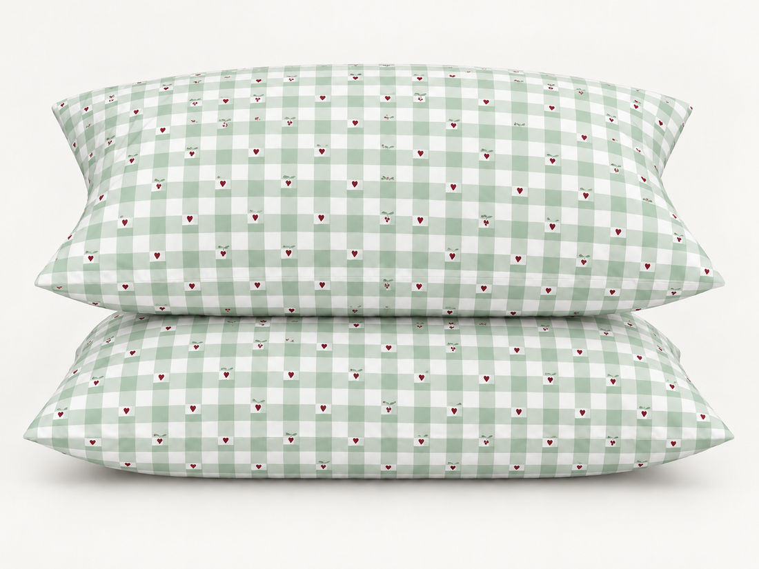 Sage Gingham Hearts Cotton Bedding Set — Country Charm, Cozy Comfort