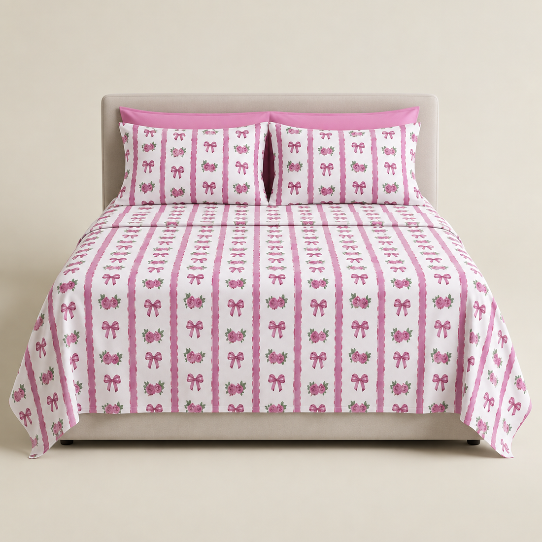 Pink Ribbons & Roses Cotton Bedding Set — Romantic Details, Sweet Comfort