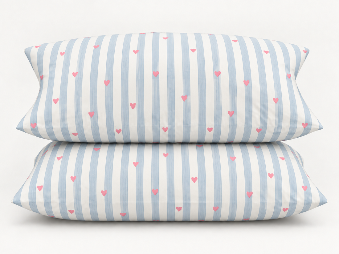 Blue Stripe Hearts Cotton Bedding Set — Fresh Stripes, Sweet Details