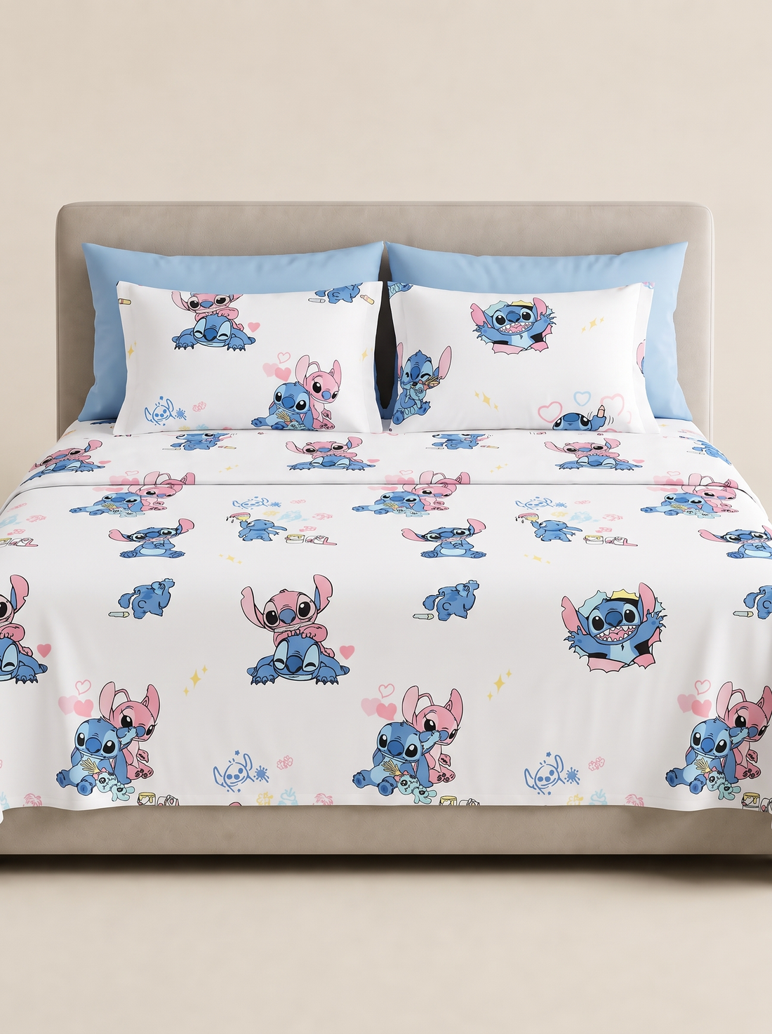 Blue & Pink stitch Cotton Bedding Set — Playful Prints, Cozy Nights
