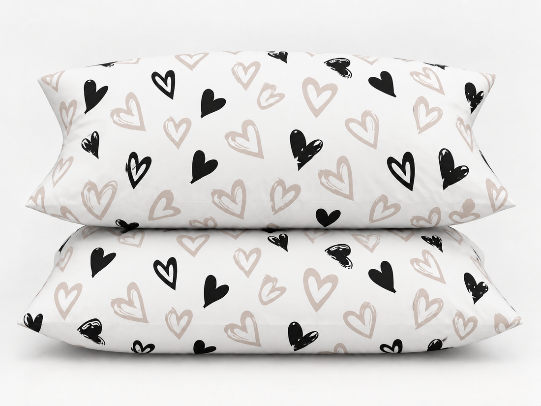 Monochrome Hearts Cotton Bedding Set — Soft Romance, Modern Style