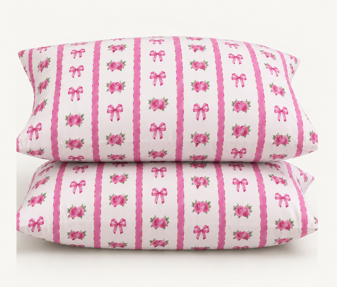 Pink Ribbons & Roses Cotton Bedding Set — Romantic Details, Sweet Comfort