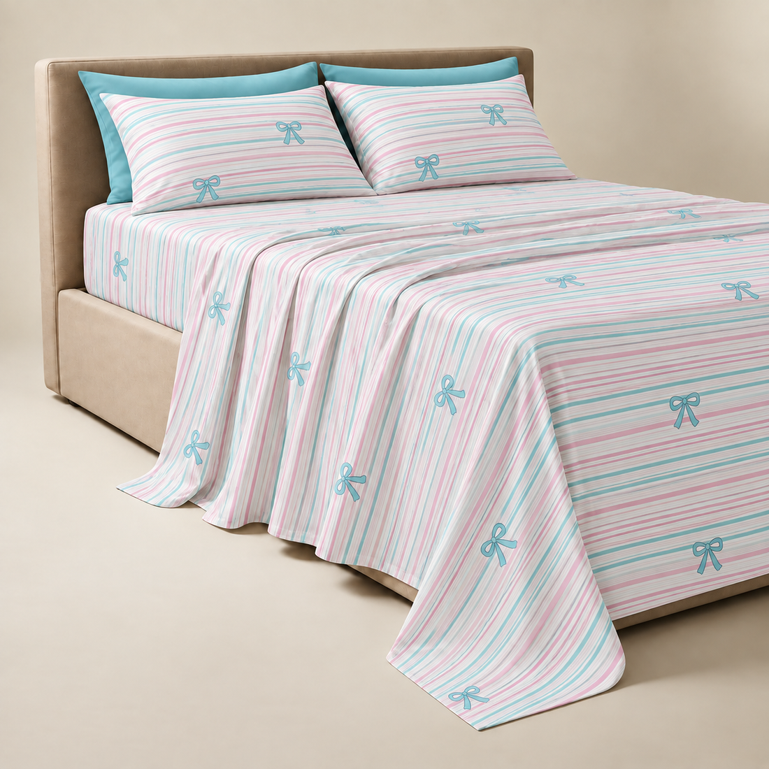 Pastel Bow Stripes Cotton Bedsheet Set — Sweet Stripes, Playful Charm