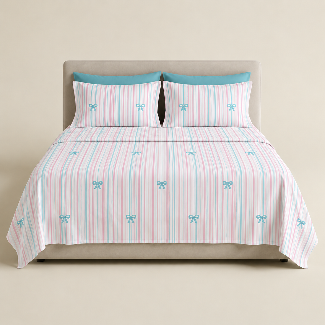 Pastel Bow Stripes Cotton Bedsheet Set — Sweet Stripes, Playful Charm
