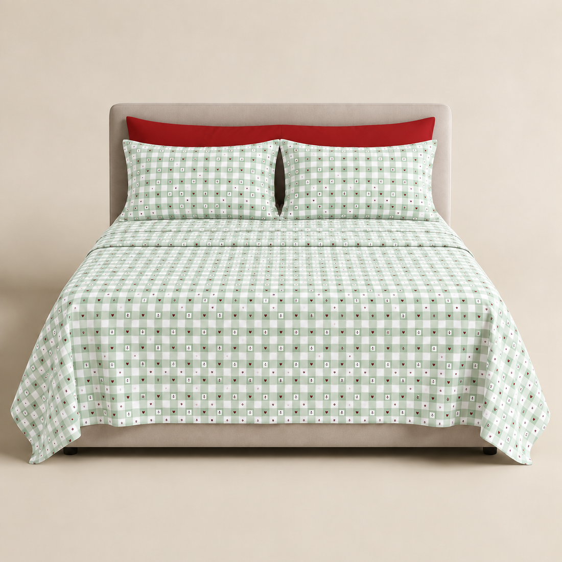 Sage Gingham Hearts Cotton Bedding Set — Country Charm, Cozy Comfort